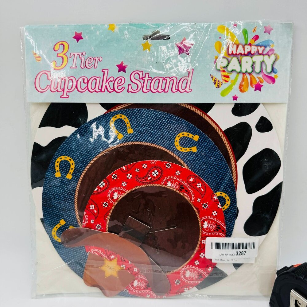 3-Tier Cupcake Stand Happy Party Western Theme Easy To Assemble Flat Storage